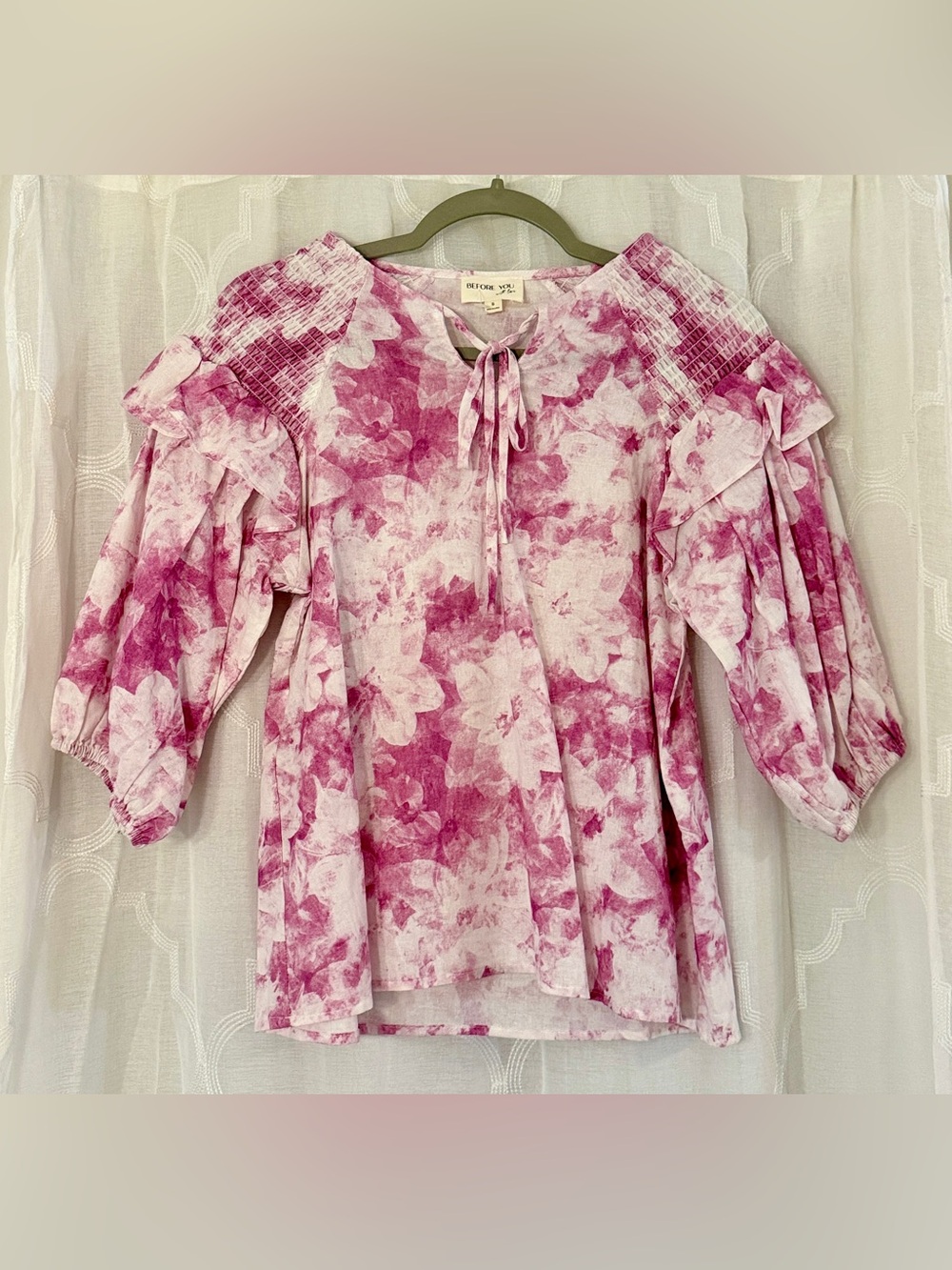 Before You Small Pink Floral Tie Neck Puff Sleeve Blouse